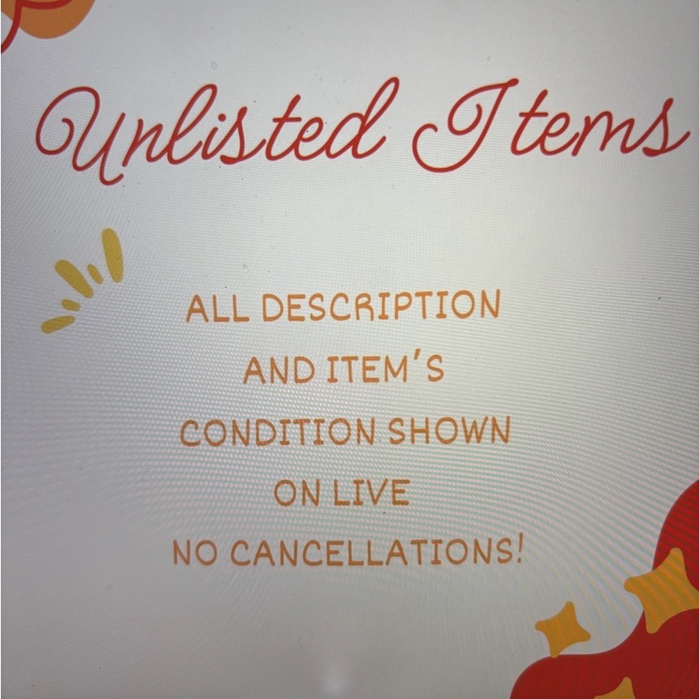 Unlisted Items Announcement Notice on Live Show all size and Brands